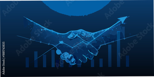 A digital handshake over a financial chart symbolizes partnership and growth