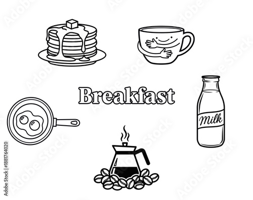 Breakfast food icons set symbolizing morning meal, coffee, eggs, milk and pancakes. Line art vector illustration, isolated on a transparent background