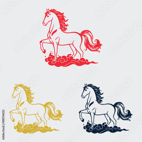 Traditional Chinese style horse vector illustration set with decorative clouds in red, gold, and black line art.