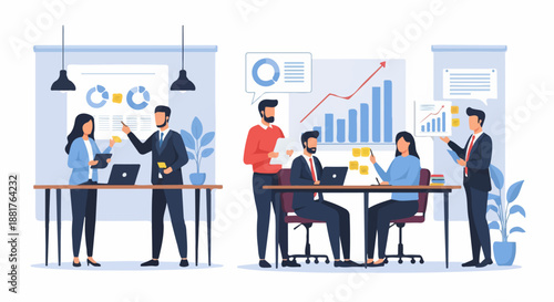 Business professionals collaborating and analyzing data in a modern office.