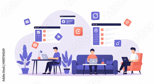 Remote work and online collaboration concept with people on laptops.