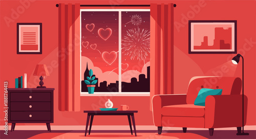 Cozy room with a view of city fireworks and glowing hearts on a romantic night.