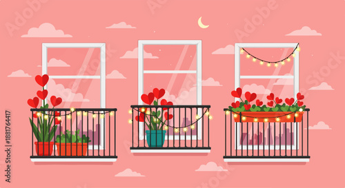 Romantic balconies with heart plants and string lights on a pink building und...