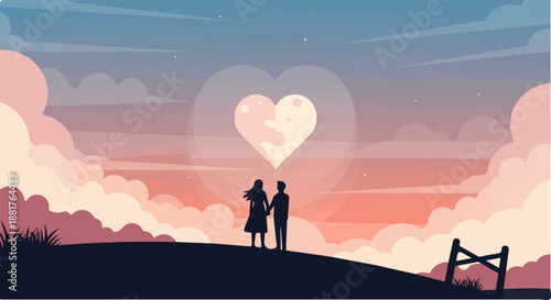 Romantic couple silhouette under a heart-shaped moon at sunset, symbolizing l...