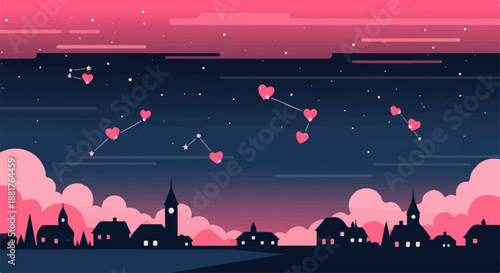 Romantic night sky with heart constellations over a charming village silhouette.