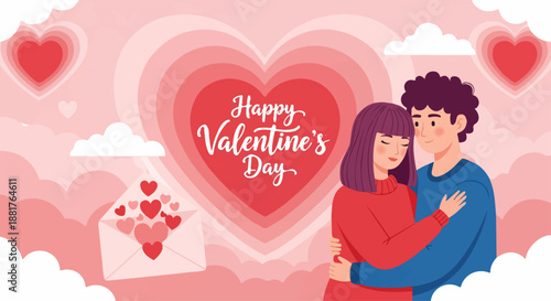 Happy Valentine's Day illustration with a loving couple embracing amidst hear...