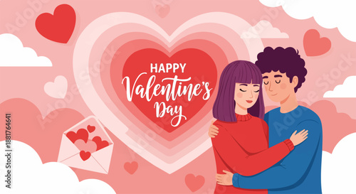 Happy Valentine's Day illustration with a loving couple hugging amidst hearts...