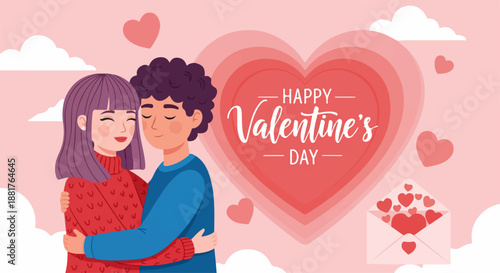 Happy couple hugging on Valentine's Day with hearts and romantic elements.