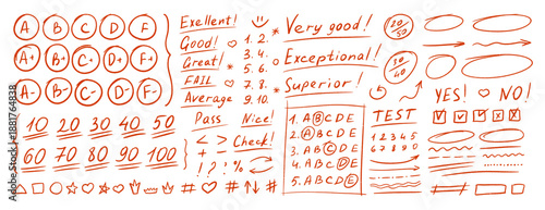 School exam grading symbols with red marker checks, numbers, hand-drawn circles showing test scores and teacher marks for student assessment. Doodle icons corrections in hand drawn vector illustration