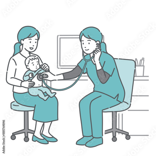 スクラブを着た女性医療従事者（医師・看護師）による赤ちゃんと母親の聴診・診察のイラスト
