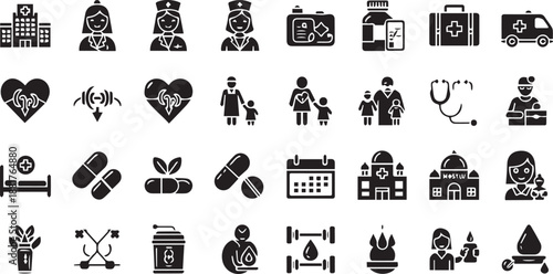 Professional Muslim Medical Services, Mother & Child Care and Pharmacy Vector Icons Collection