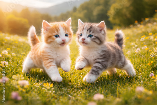  two kitten are playing on the grass