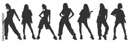 Set vector illustrations silhouettes kpop idol singing and dancing on stage. Bundle monochrome design kpop music star. Female dancer, rapper, singer with various style, pose, gesture and choreography.