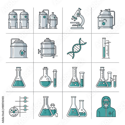 Smart Industrial Automation and Logistics Icon Set. Robotic Arm, Warehouse Drone, and Manufacturing Factory Equipment Vector Illustration