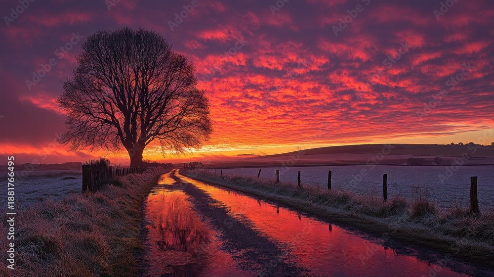 Fototapeta premium Sunrise paints frost-kissed lane