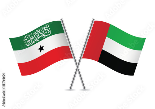 Somaliland and United Arab Emirates crossed flags on a white background. Vector illustration.