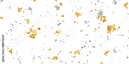 A beautiful pattern of scattered gold and silver foil flakes on a clean white background