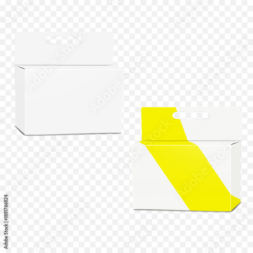 Blank folding paperboard box with tuck-in flap and hole header tab hanger. Realistic 3d vector mockup. White hanging carton package. Easy editable mock-up. Cardboard container. Template for design