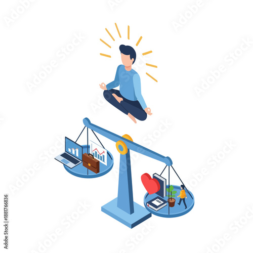 Man Meditating on Balanced Scale Illustration.