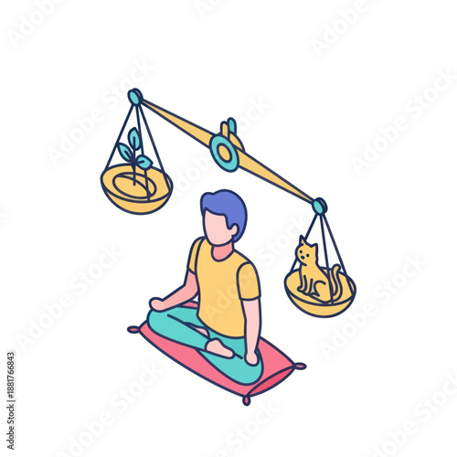 Man Meditating with Balanced Scales Nearby.