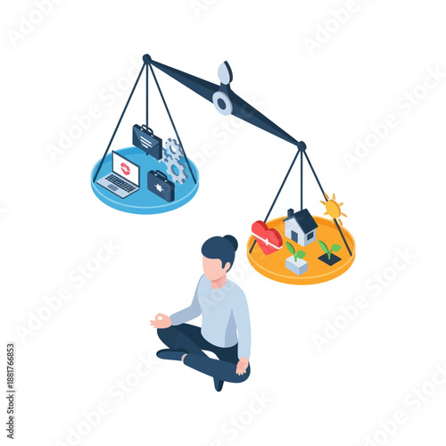 Man Meditating Near Balance Scale with Objects.