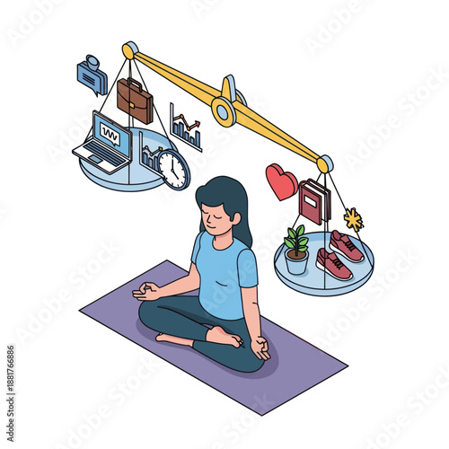 Woman Meditating on Yoga Mat with Balanced Scales.