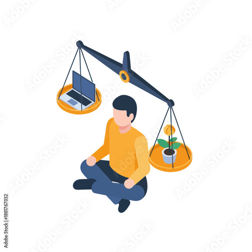 Man weighing work life balance on scale.