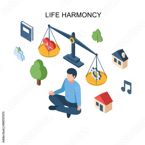 Man Meditating on Life Balance Scale.