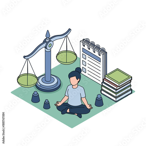 Man Meditating Near Scales and Books.