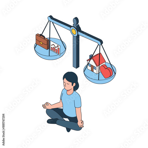 Woman Weighing Suitcase and House on Scale.