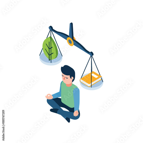 Man Weighing Money and Nature on Scale.