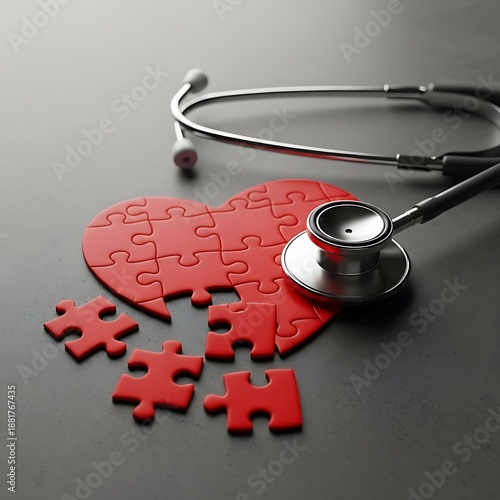Medical stethoscope resting on a red heartshaped jigsaw puzzle signifying health and care