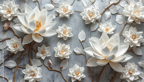 white lotus flower wallpaper on gray texture elegant mural with 3d embossed