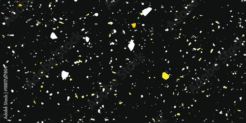 A black background texture speckled with white and yellow irregular fragments, creating a modern pattern