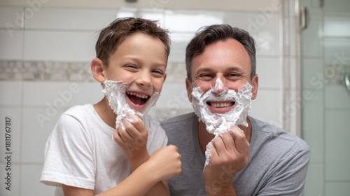 Father and son enjoy shaving together and share laughter in the bathroom
