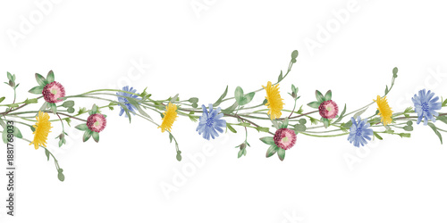 Wildflower garland border with cornflower rosehip and yellow flowers watercolor illustration on white background for packaging labels menus and textiles wedding design, botanical branding decor.
