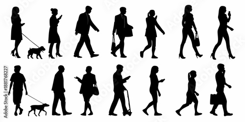 Silhouettes of people walking in various poses including those with pets