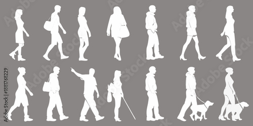 Silhouettes of people and a dog showcasing various walking and active poses