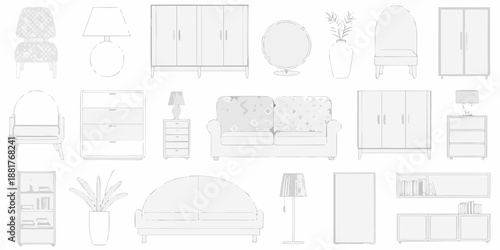 Collection of furniture items in a simple line art monochromatic style