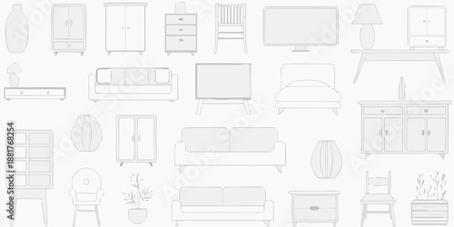 A collection of simple outlined furniture pieces arranged in a grid pattern
