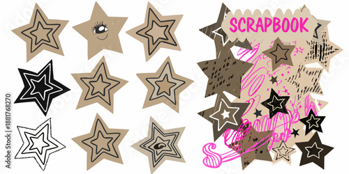 A collection of decorative stars and a scrapbook page with pink scribbles