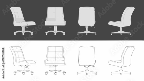 Four different views of office chairs front side back and perspective