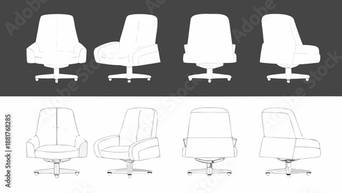 Elegant office chairs in various views front side and perspective sketches