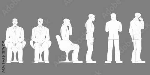 A series of white silhouettes depicting men in various poses and attire