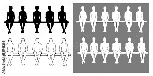 Silhouette figures seated on a bench in varying shades and arrangements