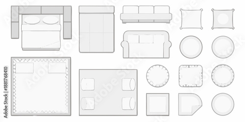 Top view of furniture arrangement including beds sofas tables and rugs