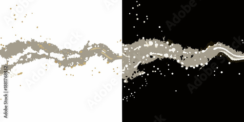 Abstract split screen displaying a winding line of particles in light and dark