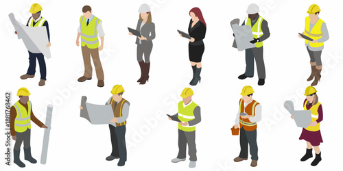 Isometric illustration of construction workers and professionals reviewing blueprints