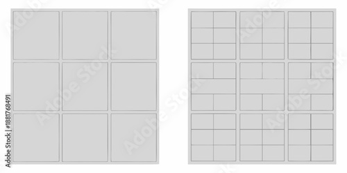 Gridded panels in neutral tones depict geometric arrangements and blank spaces