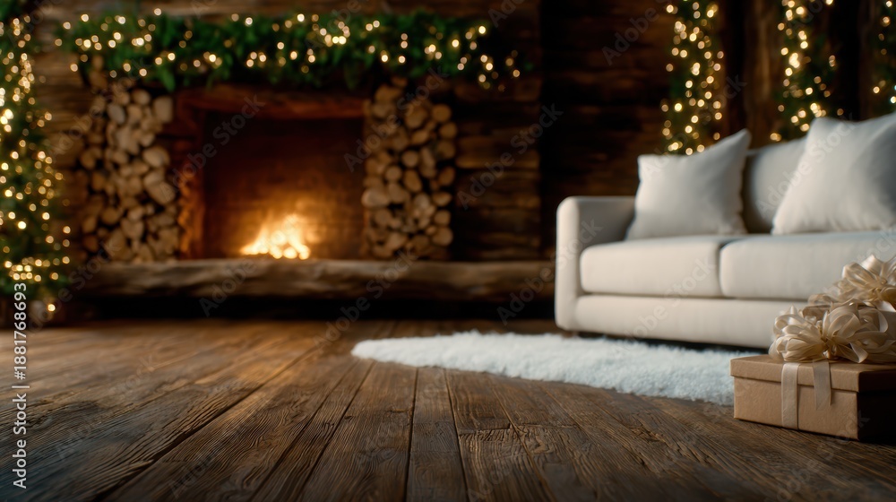 Fototapeta premium A warm and inviting living room featuring a roaring fireplace, beautifully decorated with twinkling lights and holiday garlands alongside presents wrapped in elegant paper.